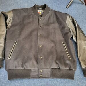 Hartwell ViaSport Mens Black Wool Varsity Jacket Genuine Leather Sleeves Sz M